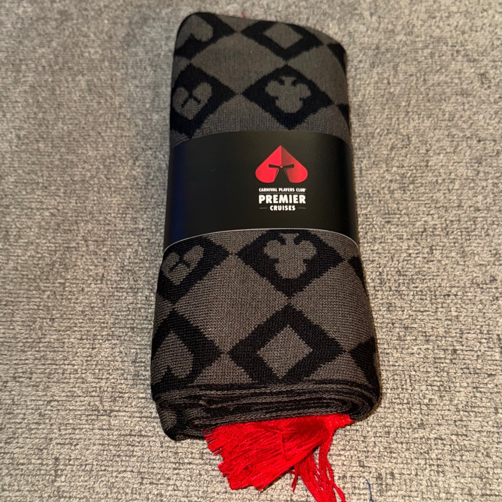 Carnival Black & Gray Geometric Scarf with Red Fringe